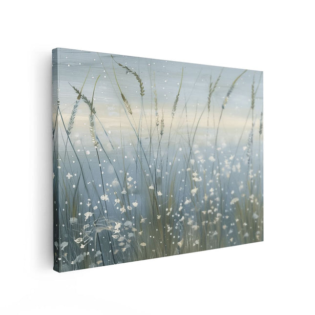 Canvas Schilderij Vooraanzicht Kunstwerk van een Veld met Gras en Sneeuw