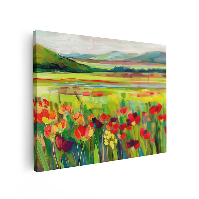 Canvas Schilderij Vooraanzicht Kunstwerk van Bloemen in een Veld