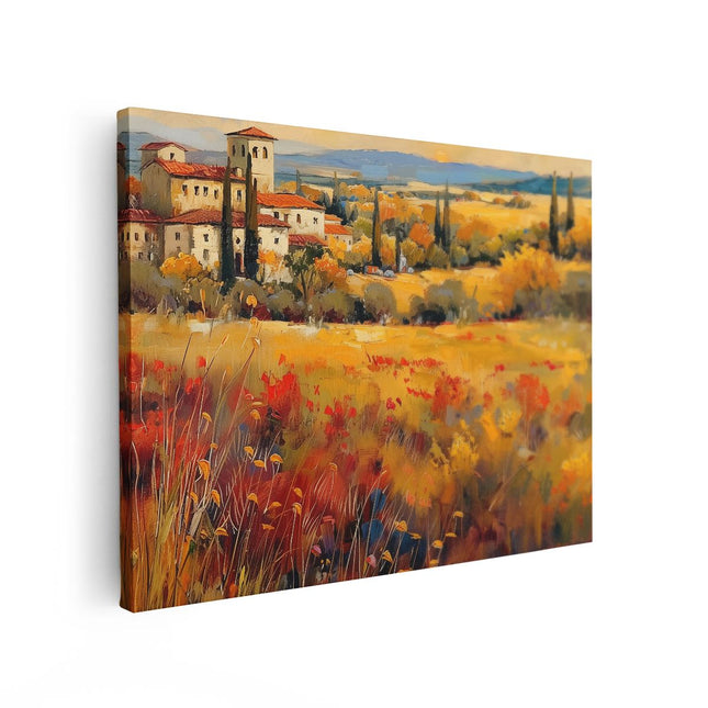 Canvas Schilderij Vooraanzicht Kunstwerk van een Veld in Toscane