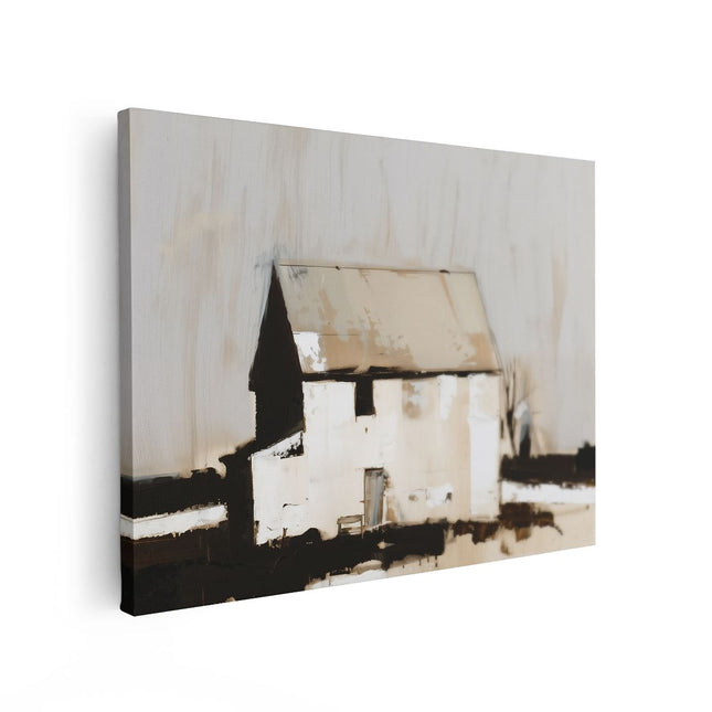 Canvas Schilderij Vooraanzicht Kunstwerk van een Wit Huis Midden in een Veld