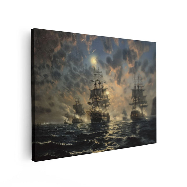 Canvas Schilderij Vooraanzicht Kunstwerk van Schepen in de Oceaan