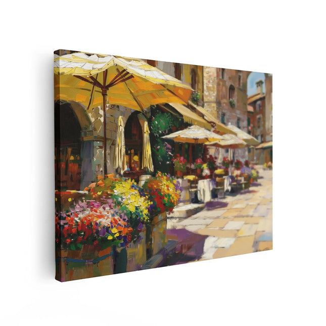 Canvas Schilderij Vooraanzicht Kunstwerk van een Straattafereel met Parasols en Bloemen