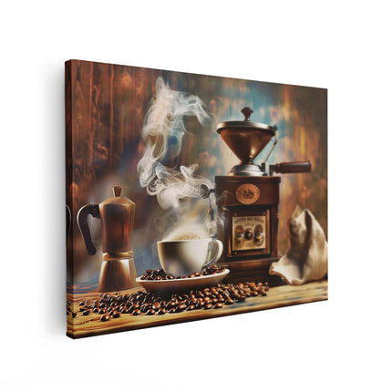 Canvas Schilderij Vooraanzicht Koffiemolen en een Kopje Koffie op een Tafel