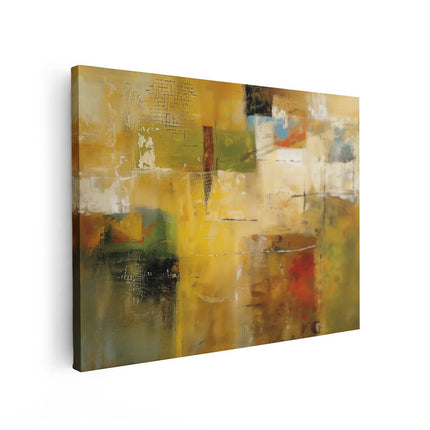Canvas Schilderij Vooraanzicht Abstract Kunstwerk met Gele, Groene en Bruine Kleuren