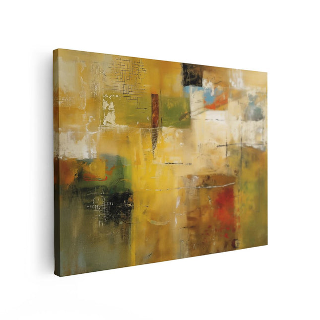 Canvas Schilderij Vooraanzicht Abstract Kunstwerk met Gele, Groene en Bruine Kleuren