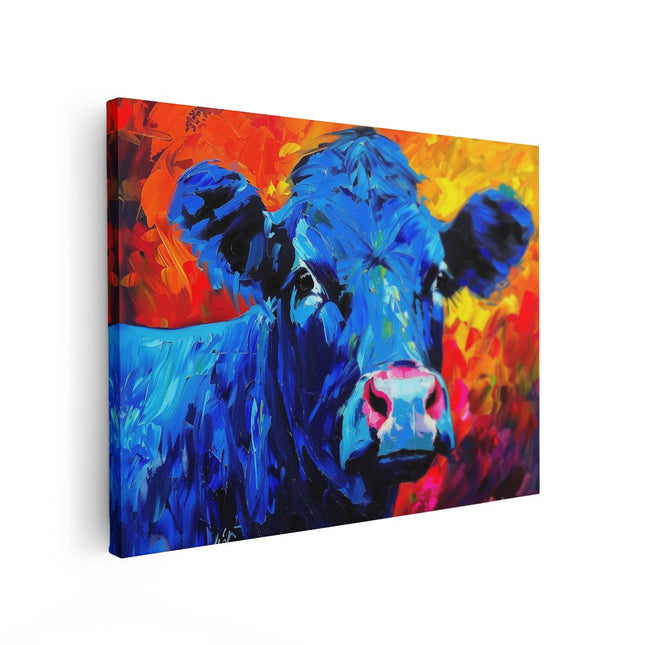 Canvas Schilderij Vooraanzicht Kunstwerk van een Blauwe Koe