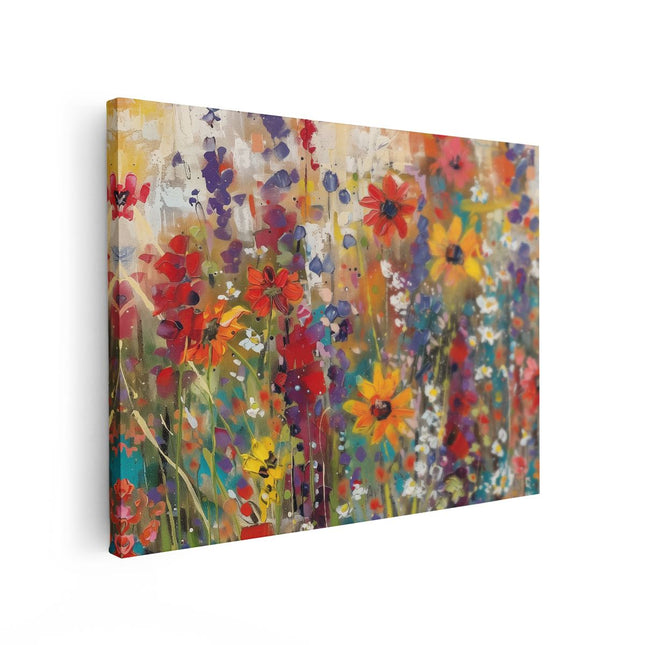 Canvas Schilderij Vooraanzicht Kleurrijke Bloemen in een Veld