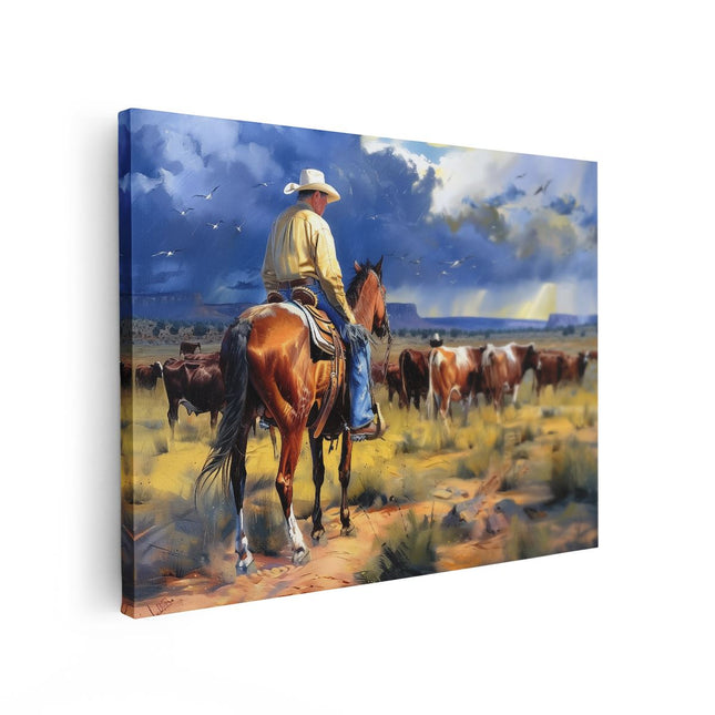Canvas Schilderij Vooraanzicht Cowboy op een Paard