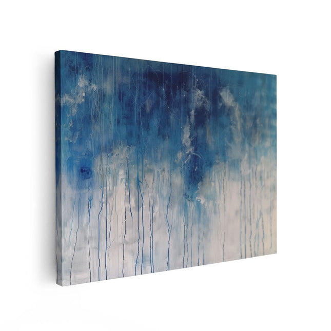 Canvas Schilderij Vooraanzicht Abstract Kunstwerk met Blauwe en Witte Druppels