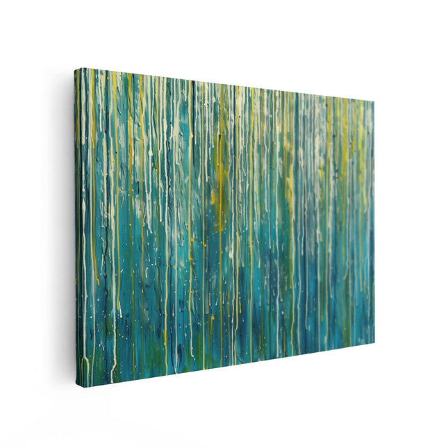 Canvas Schilderij Vooraanzicht Kunstwerk met Blauwe en Gele Druppels