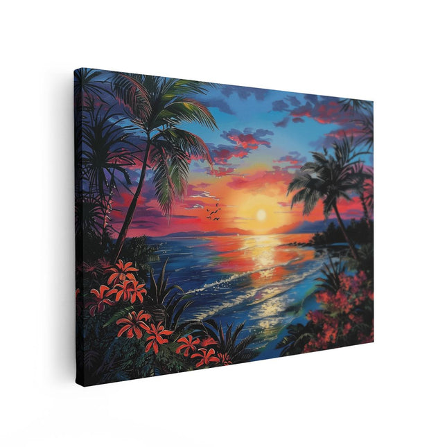 Canvas Schilderij Vooraanzicht Kunstwerk van een Tropische Zonsondergang met Palmbomen en Bloemen