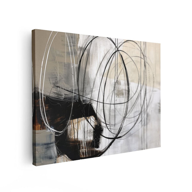 Canvas Schilderij Vooraanzicht Abstract Kunstwerk met Zwart Witte Cirkels