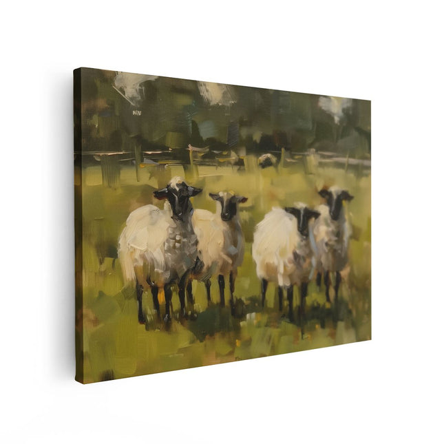 Canvas Schilderij Vooraanzicht Kunstwerk van Schapen in een Veld