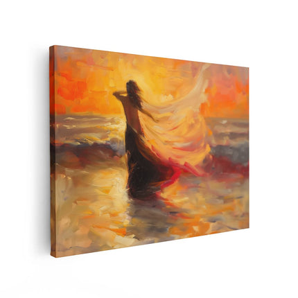 Canvas Schilderij Vooraanzicht Kunstwerk van een Vrouw die bij Zonsondergang op het Strand loopt