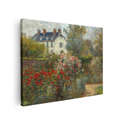 Canvas Schilderij Vooraanzicht Kunstwerk van een Tuin met Rozen en een Huis