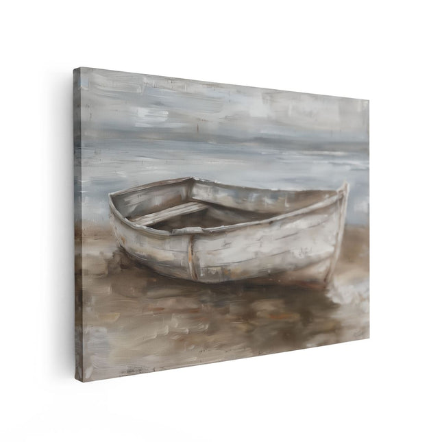 Canvas Schilderij Vooraanzicht Kunstwerk van een Boot op het Strand