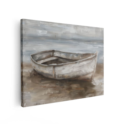 Canvas Schilderij Vooraanzicht Kunstwerk van een Boot op het Strand