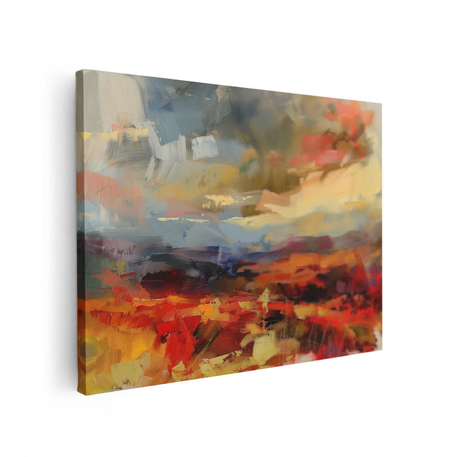 Canvas Schilderij Vooraanzicht Abstract Kunstwerk van een Rood, Oranje en Geel Landschap