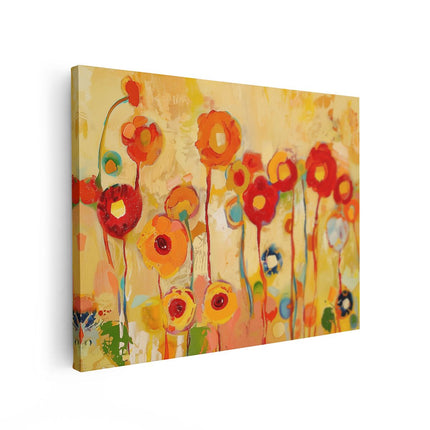 Canvas Schilderij Vooraanzicht Kleurrijke Bloemen in een Veld