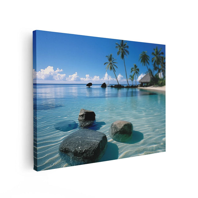 Canvas Schilderij Vooraanzicht Strand met Rotsen en Palmbomen