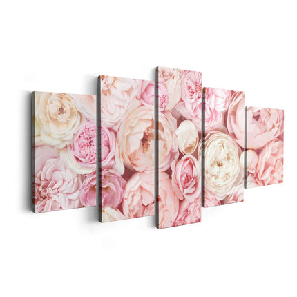 Canvas schilderij vijfluik witte roze rozen boeket - bloemen