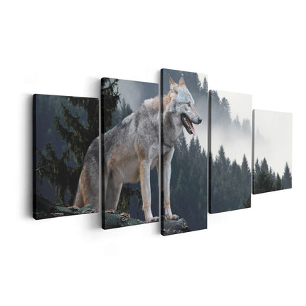 Canvas schilderij vijfluik grijze wolf in de bossen 