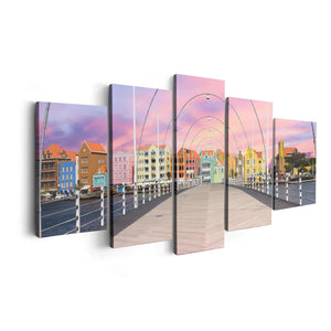 Canvas schilderij vijfluik willemstad gekleurde huisjes in curaçao 