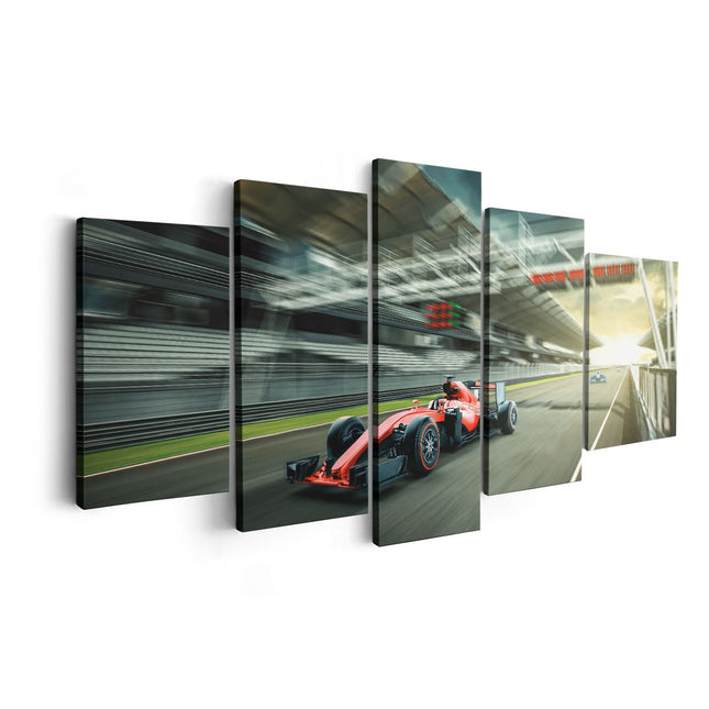 Canvas schilderij vijfluik formule 1 auto bij de finish in het rood