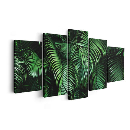 Canvas schilderij vijfluik tropische palm bladeren - groen