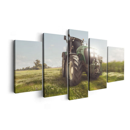 Canvas schilderij vijfluik tractor op het gras - trekker