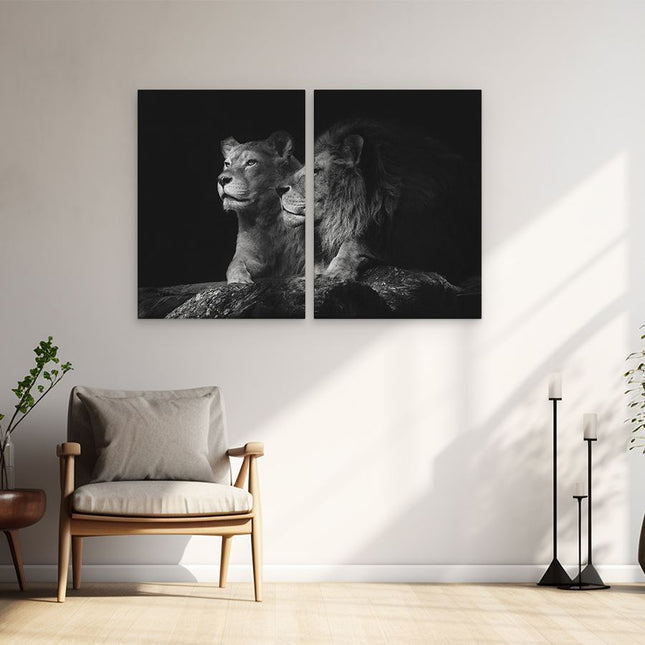 Schilderij tweeluik woonkamer Leeuw En Leeuwin - Zwart Wit