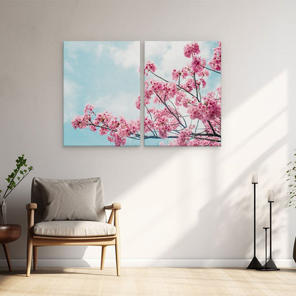 Schilderij tweeluik woonkamer Roze Bloesemboom - Bloemen