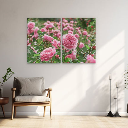 Schilderij tweeluik woonkamer Roze Rozen Bloemenveld