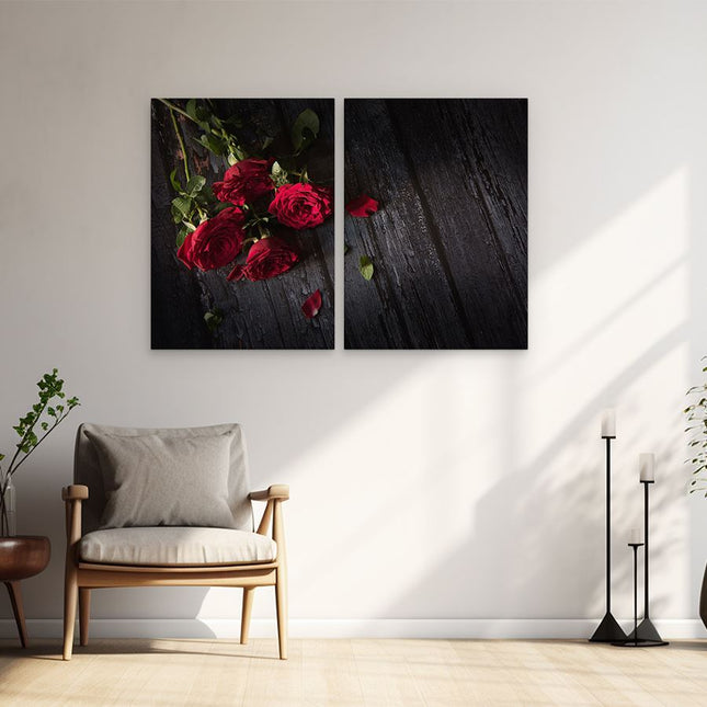 Schilderij tweeluik woonkamer Rode Rozen Op De Grond