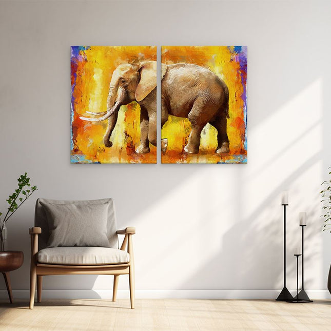 Schilderij tweeluik woonkamer Geschilderde Olifant Olieverf - Abstract