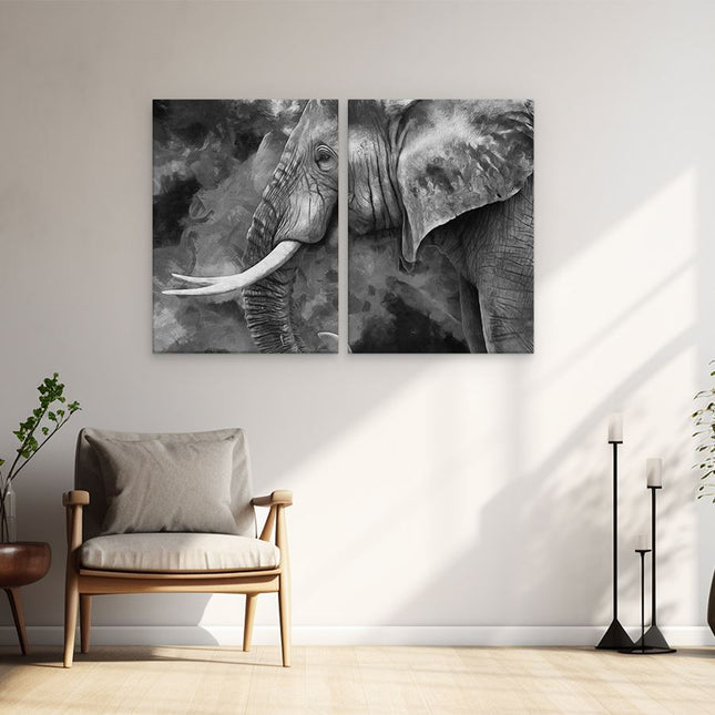 Schilderij tweeluik woonkamer Olifant - Abstract - Zwart Wit