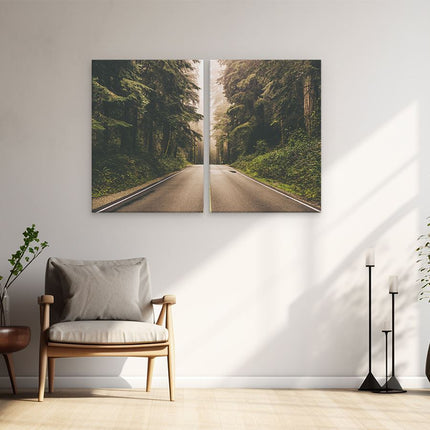 Schilderij tweeluik woonkamer Highway In Californië Omring Met Bos 