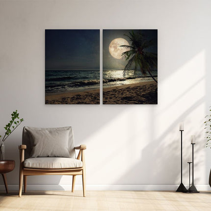 Schilderij tweeluik woonkamer Tropisch Strand In De Nacht Met Volle Maan