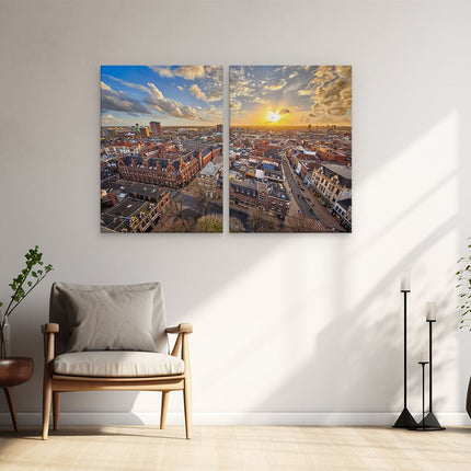 Schilderij tweeluik woonkamer Groningen Stad bij Zonsondergang