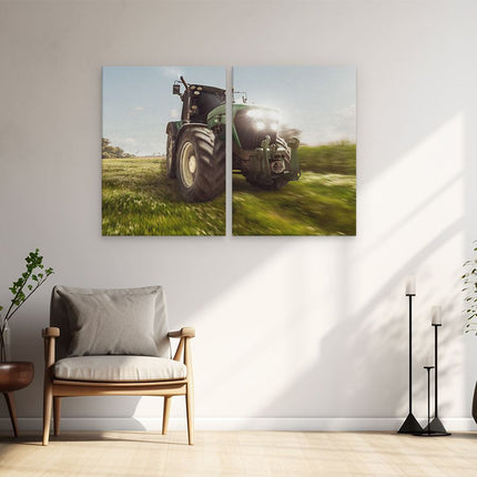 Schilderij tweeluik woonkamer Tractor op het Gras - Trekker