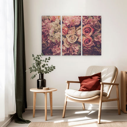 Drieluik schilderij interieur Roze Rozen Achtergrond - Retro - Bloemen