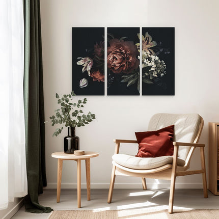 Drieluik schilderij interieur Bloemen Op Een Zwart Achtergrond