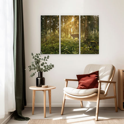 Drieluik schilderij interieur Hert In Bos Met Zon