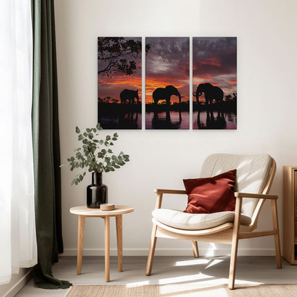 Drieluik schilderij interieur Olifanten Tijdens Zonsondergang - Silhouet