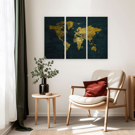 Drieluik schilderij interieur Gouden Wereldkaart