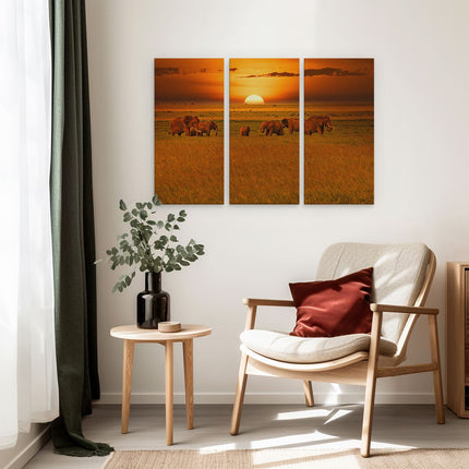 Drieluik schilderij interieur Olifanten In Het Wild - Zonsondergang