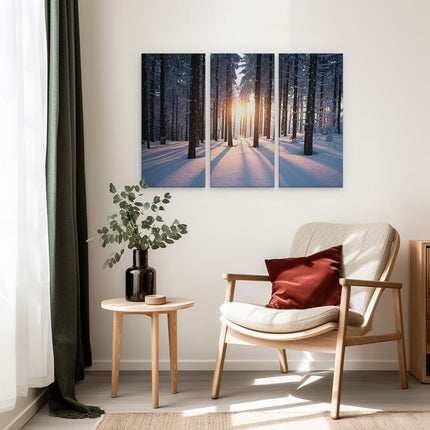 Drieluik schilderij interieur Bos Met Sneeuw Tijdens De Zonsondergang