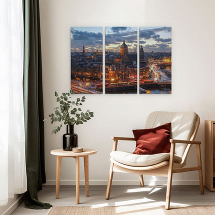 Drieluik schilderij interieur Amsterdam Centrum Luchtfoto Zonsondergang