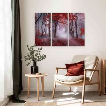 Drieluik schilderij interieur Rood Bos Met Bomen