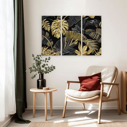 Drieluik schilderij interieur Gouden Tropische Bladeren